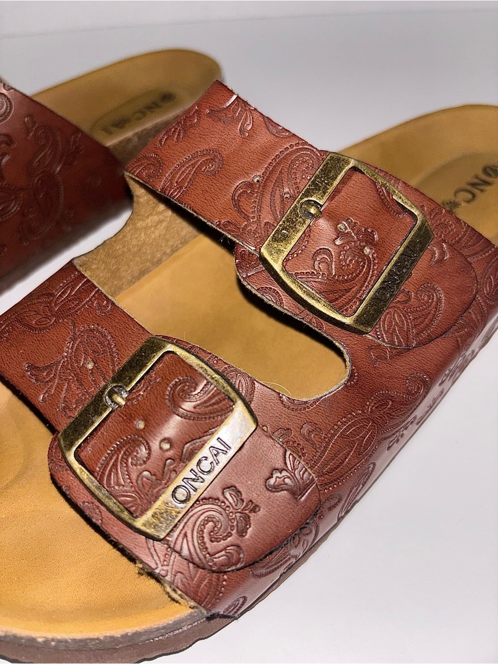 ONCAI Brown Embossed Vegan Leather Slide Sandals with Buckles